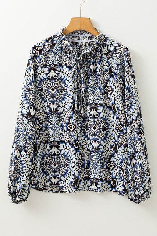 Blue Print Lace-up Frilled Neck Puff Sleeve Blouse