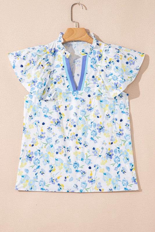 Cotton floral Frilled Notch Neck Ruffle Blouse