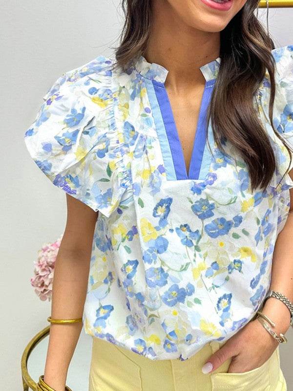 Cotton floral Frilled Notch Neck Ruffle Blouse