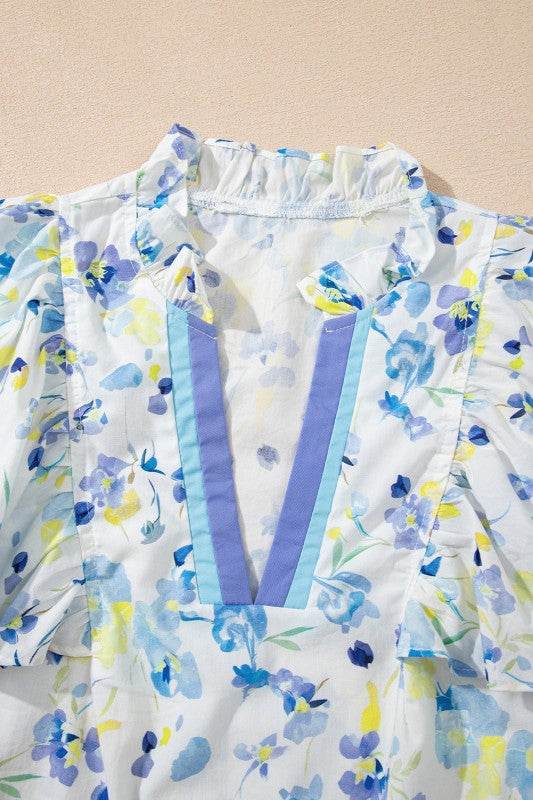 Cotton floral Frilled Notch Neck Ruffle Blouse
