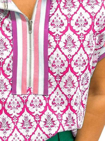Pink Colorblock Striped Collar Boho Blouse