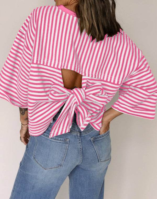 Cotton Pink Stripe backless t shirt