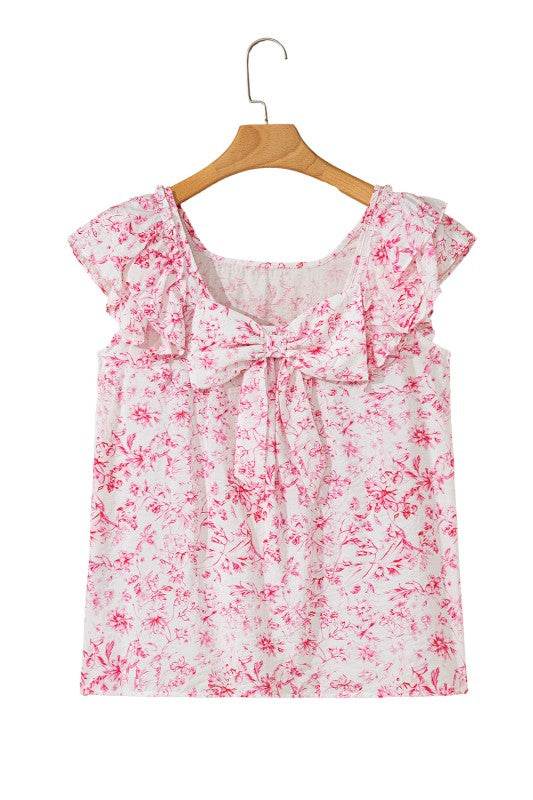 Viscose Floral Ruffle Short Sleeve Bow Back Blouse