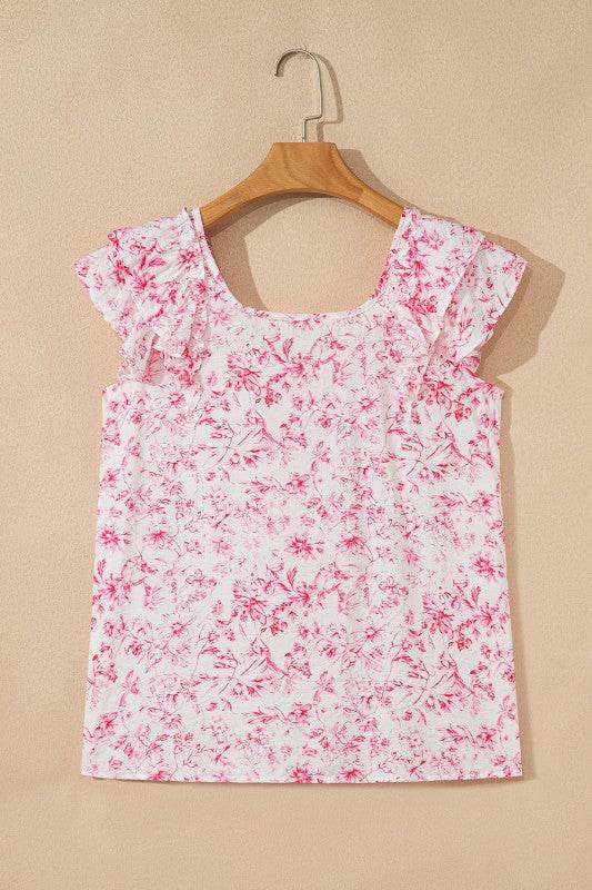 Viscose Floral Ruffle Short Sleeve Bow Back Blouse