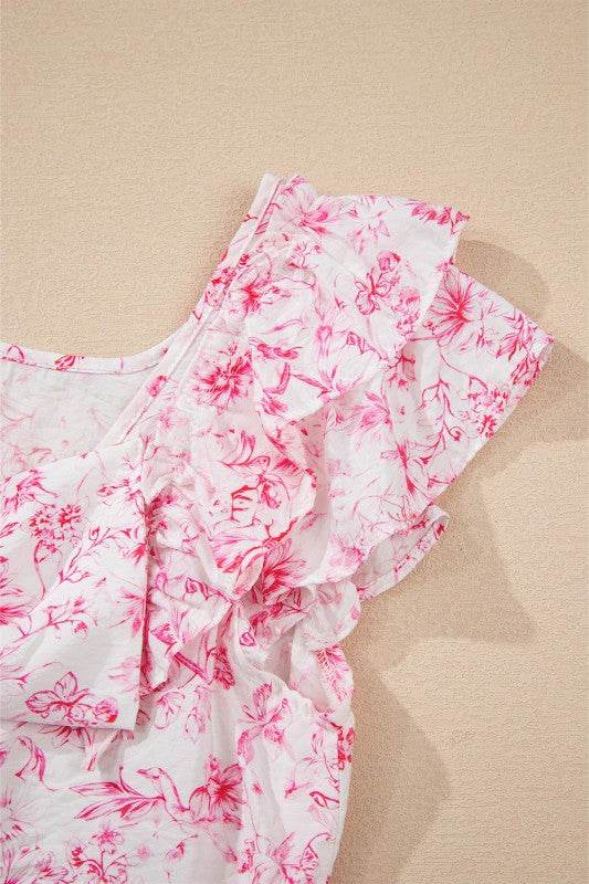 Viscose Floral Ruffle Short Sleeve Bow Back Blouse