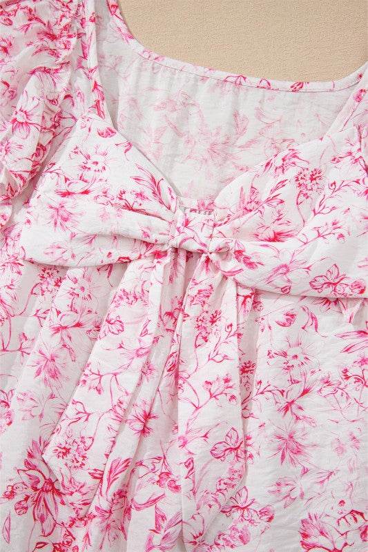 Viscose Floral Ruffle Short Sleeve Bow Back Blouse