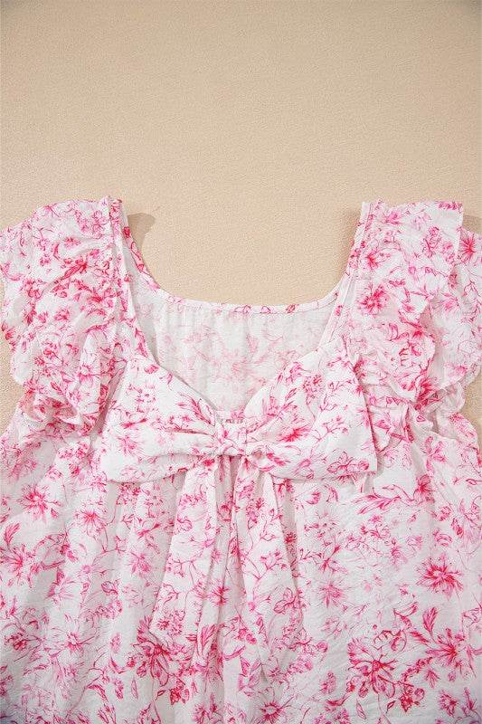Viscose Floral Ruffle Short Sleeve Bow Back Blouse
