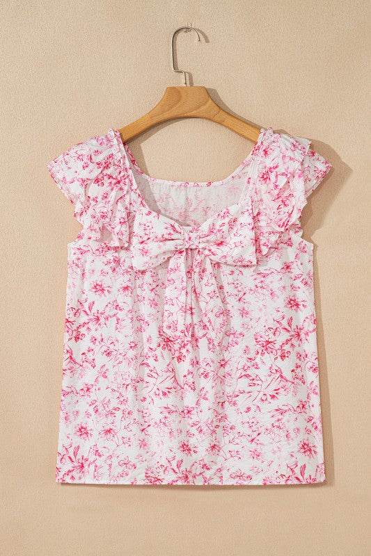 Viscose Floral Ruffle Short Sleeve Bow Back Blouse