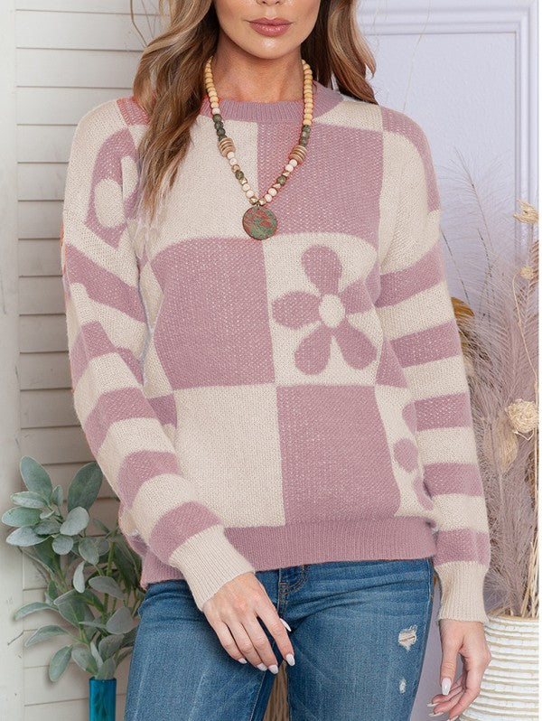 Checkered Floral Print Striped Sleeve Sweater