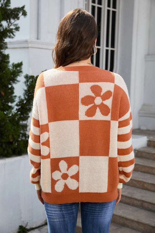 Checkered Floral Print Striped Sleeve Sweater