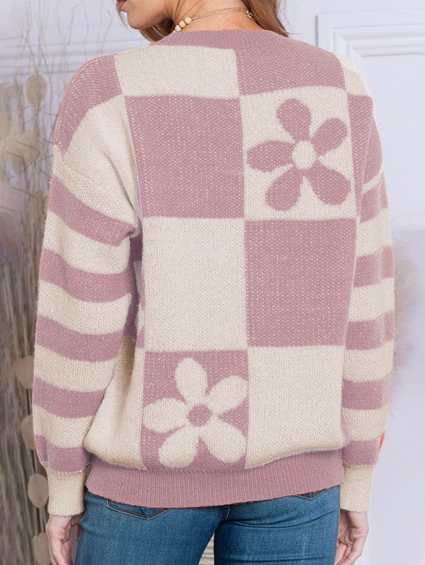 Checkered Floral Print Striped Sleeve Sweater