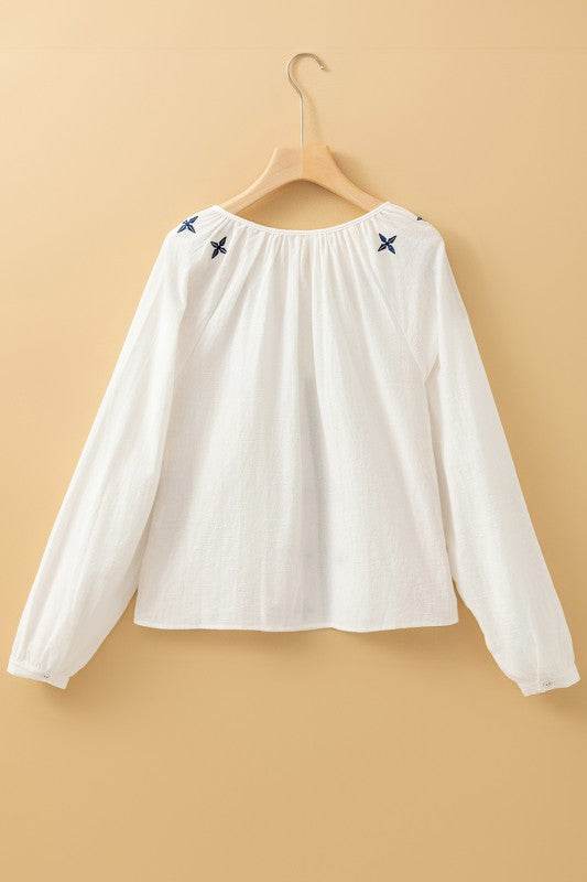 Geometric Embroidered Long Sleeve Buttoned Blouse