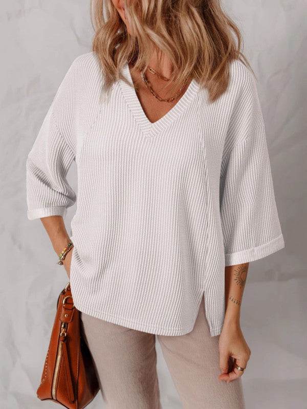 White Solid Color 3/4 Sleeve V Neck Top