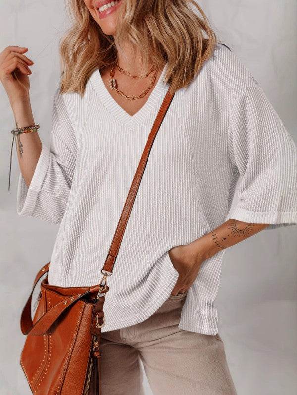 White Solid Color 3/4 Sleeve V Neck Top