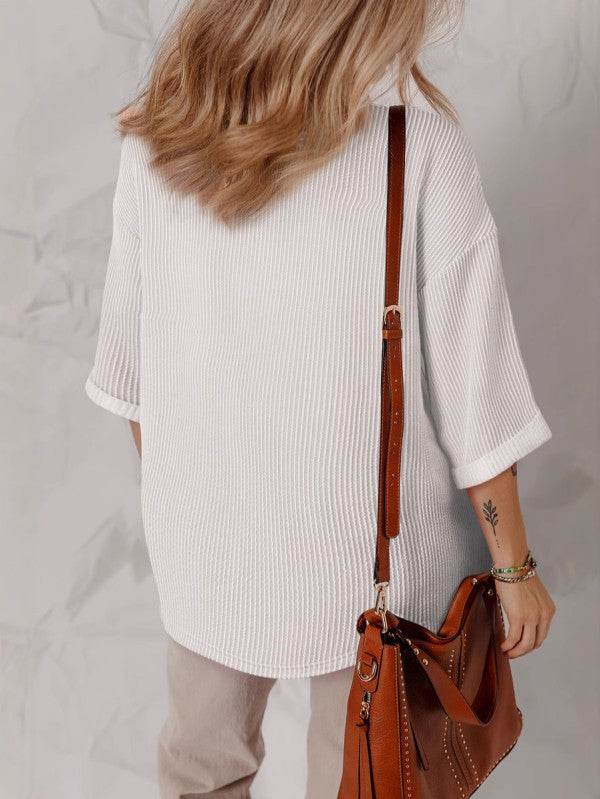 White Solid Color 3/4 Sleeve V Neck Top