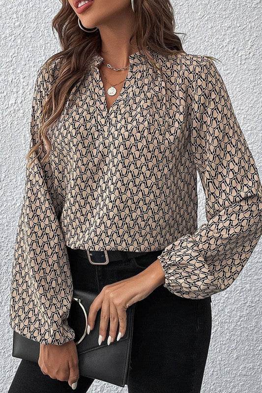 Geometric Print Notched Neck Puff Sleeve Blouse