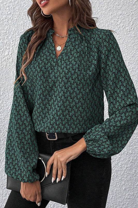 Geometric Print Notched Neck Puff Sleeve Blouse