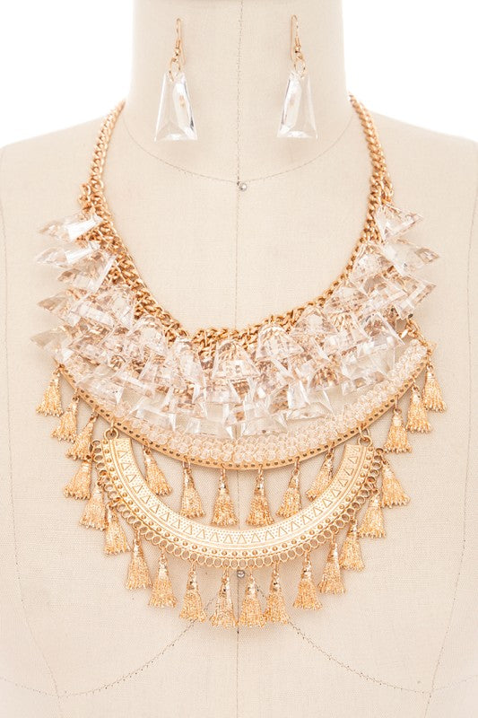 Fringe Clear Beads Statement Bib Necklace Set