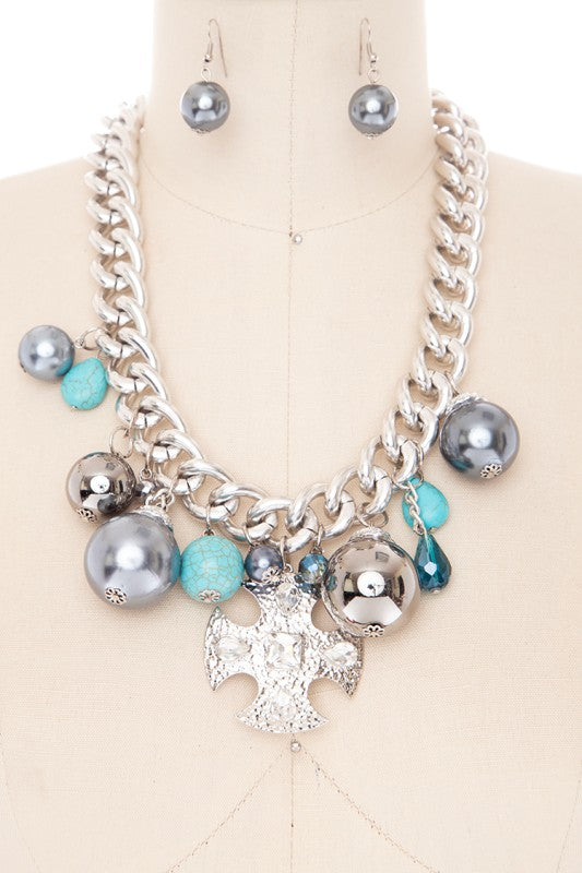 Mix Media Cross Charm Statement Necklace Set