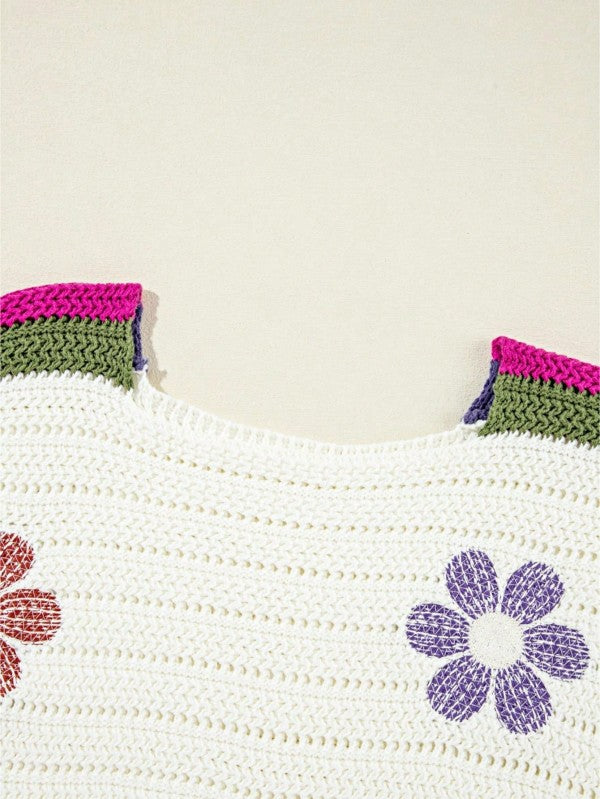 Cotton Eyelet Boho Floral Knit Sweater