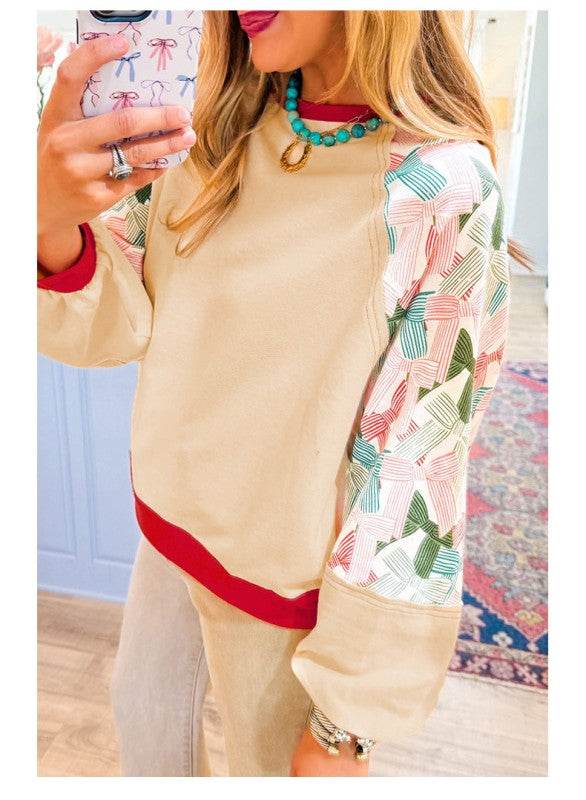 Women Printed Patchwork Raglan Sleeve Sweatshirts