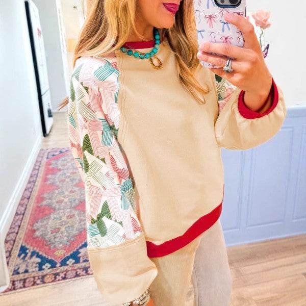 Women Printed Patchwork Raglan Sleeve Sweatshirts