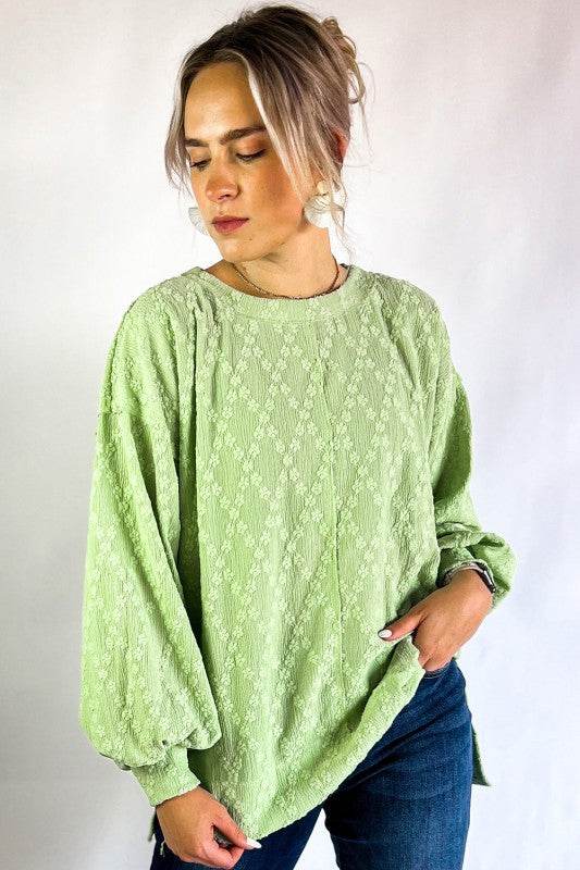 Solid Color Textured Side Split Crew Neck Blouse