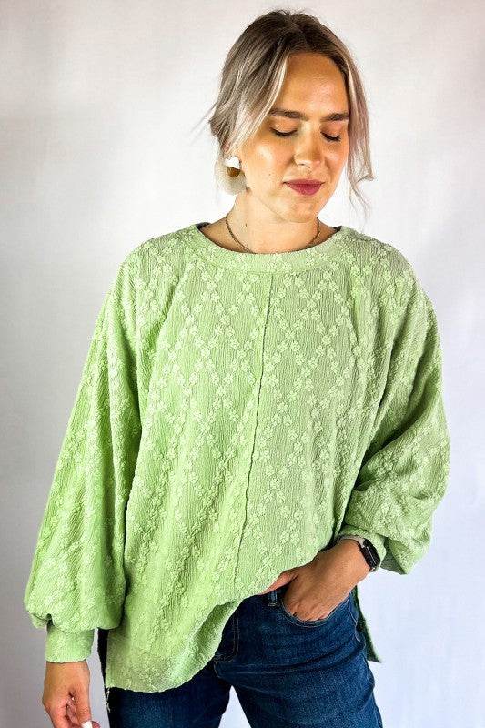 Solid Color Textured Side Split Crew Neck Blouse