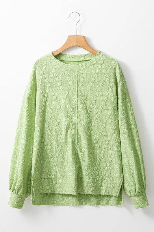 Solid Color Textured Side Split Crew Neck Blouse