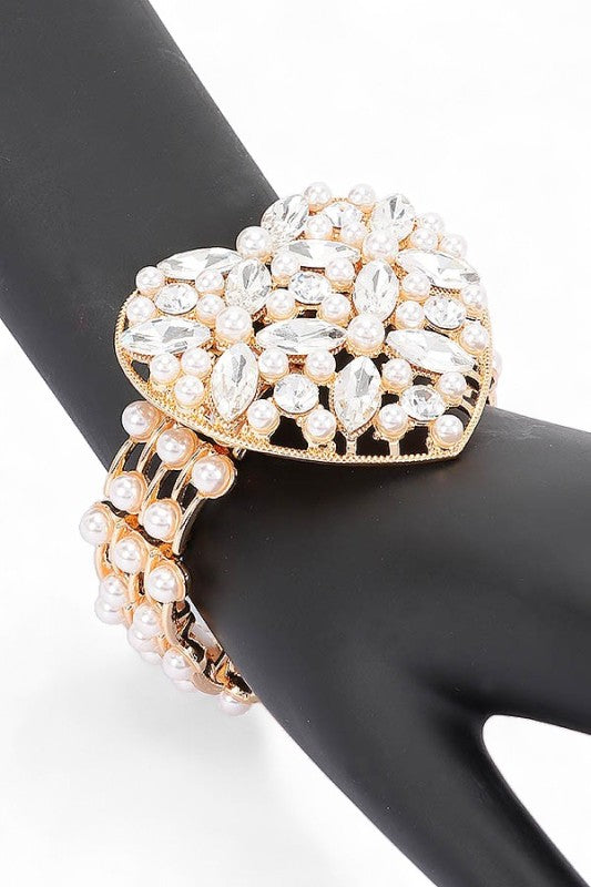 Bejewel Statement Rhinestone Pearl Heart Bracelet