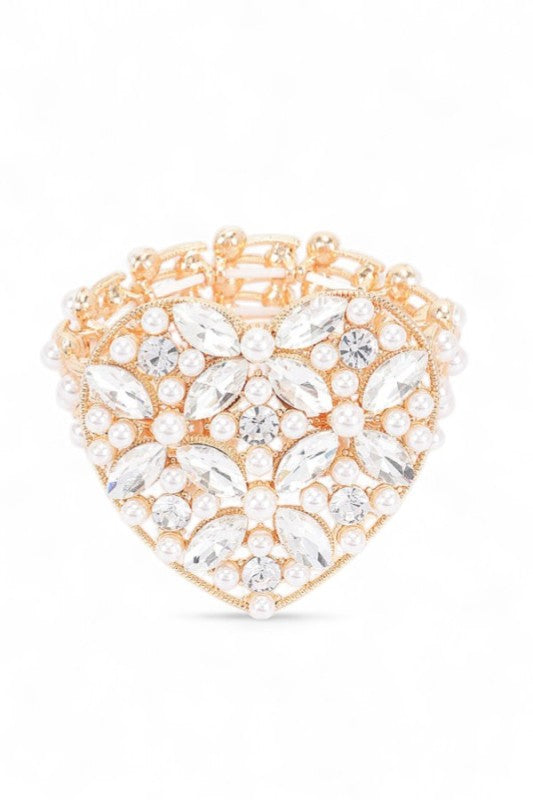 Bejewel Statement Rhinestone Pearl Heart Bracelet