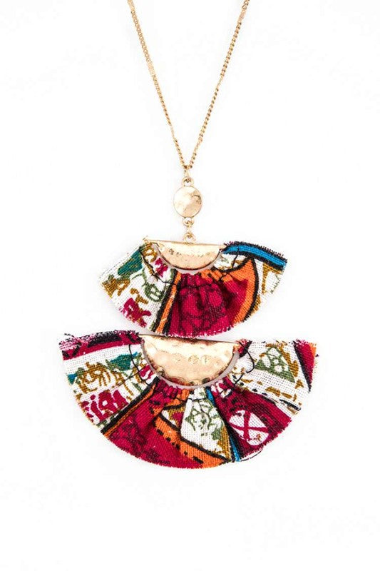 Printed Fabric Skirt Dangle Pendant Necklace Set