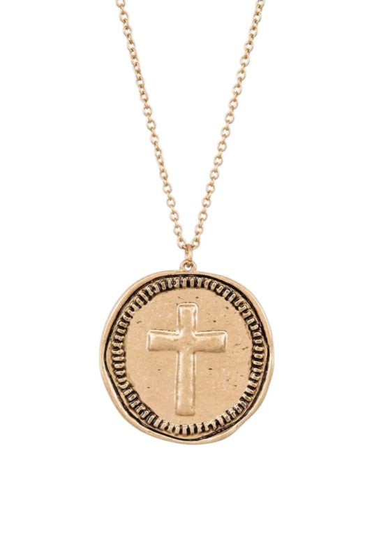 Embossed Cross Pendant Long Necklace