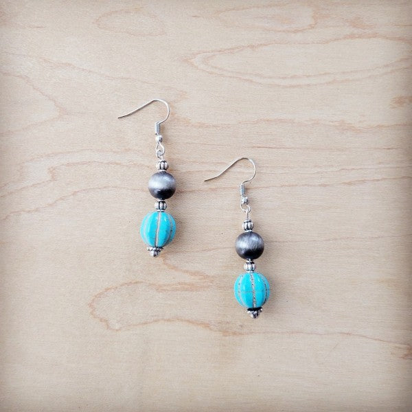 Western Blue Turquoise w/ Silver Bead Drop Earring
