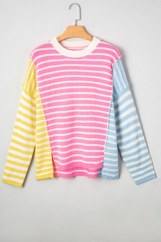Colorblock Striped Patchwork Dolman  Slit Sweater