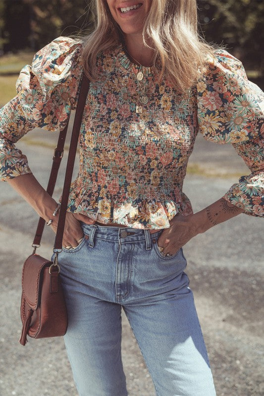 Print Smocked Bubble Sleeve Ruffled Crop Top