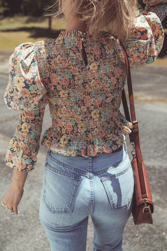 Print Smocked Bubble Sleeve Ruffled Crop Top