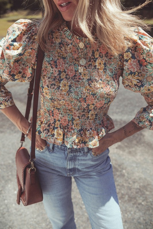 Print Smocked Bubble Sleeve Ruffled Crop Top