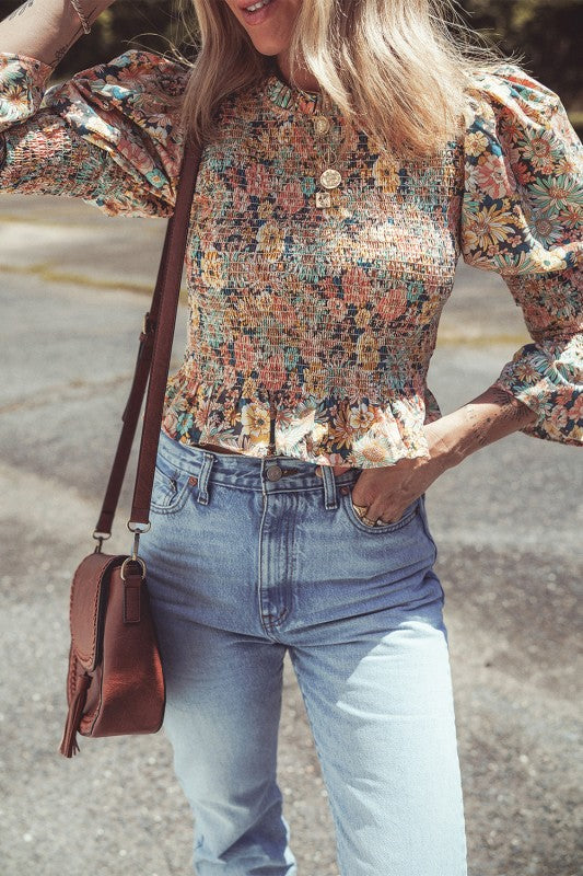 Print Smocked Bubble Sleeve Ruffled Crop Top