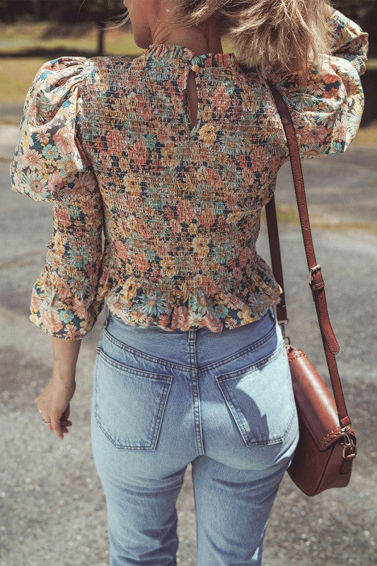 Print Smocked Bubble Sleeve Ruffled Crop Top