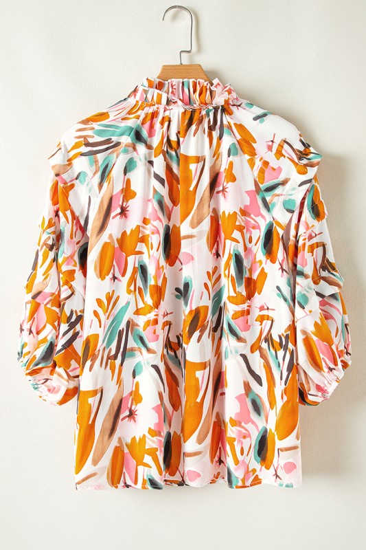 Print Drawstring Frilled V Neck 3/4 Sleeve Blouse