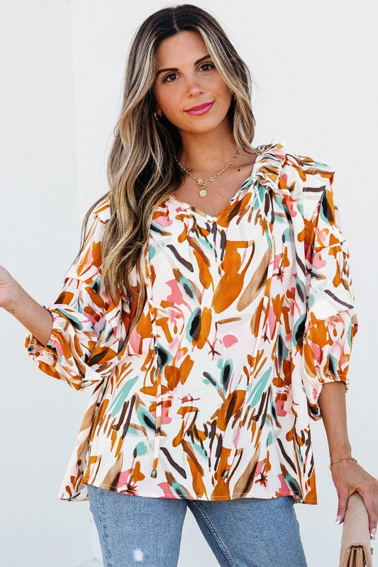 Print Drawstring Frilled V Neck 3/4 Sleeve Blouse