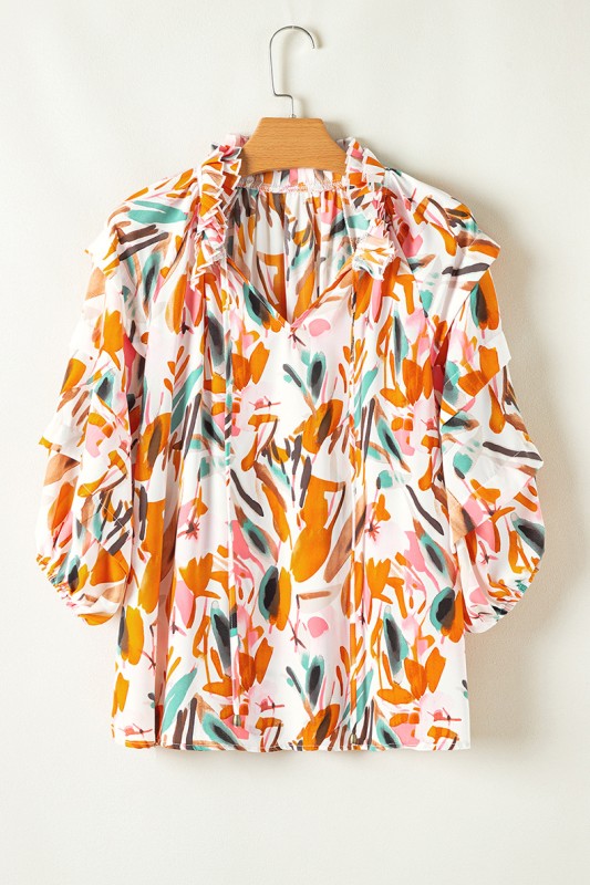Print Drawstring Frilled V Neck 3/4 Sleeve Blouse