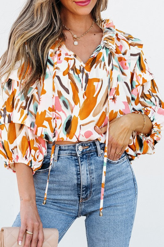 Print Drawstring Frilled V Neck 3/4 Sleeve Blouse