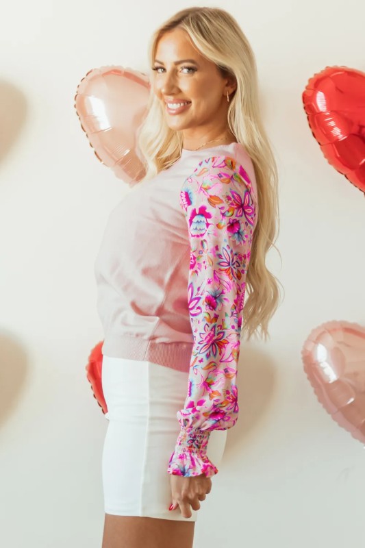 Printed Patchwork Smocked Lantern Sleeve Knit Top