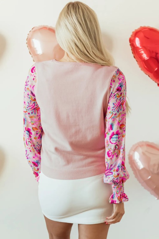 Printed Patchwork Smocked Lantern Sleeve Knit Top