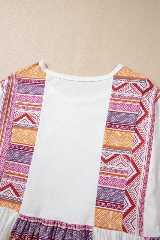 Patchwork Ruffled Tunic Long Sleeve Babydoll Top