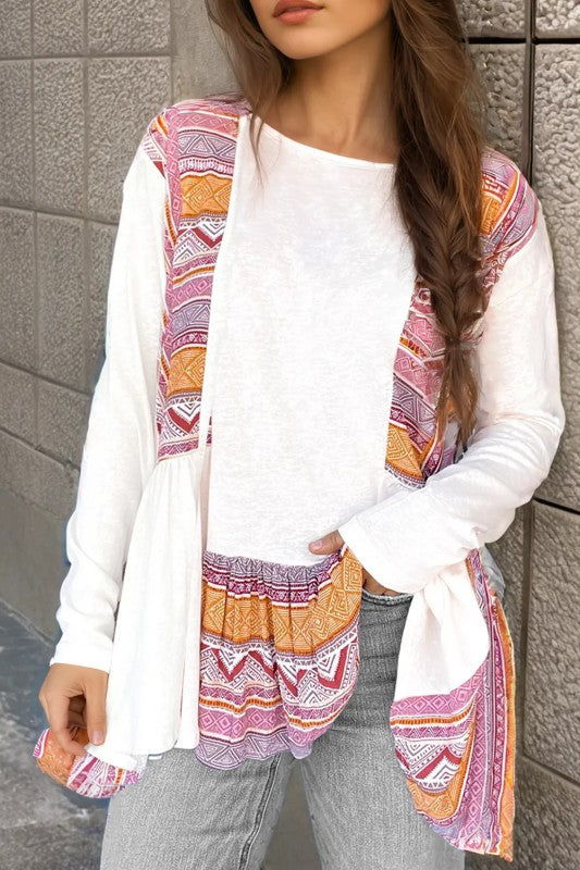 Patchwork Ruffled Tunic Long Sleeve Babydoll Top