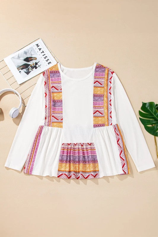 Patchwork Ruffled Tunic Long Sleeve Babydoll Top