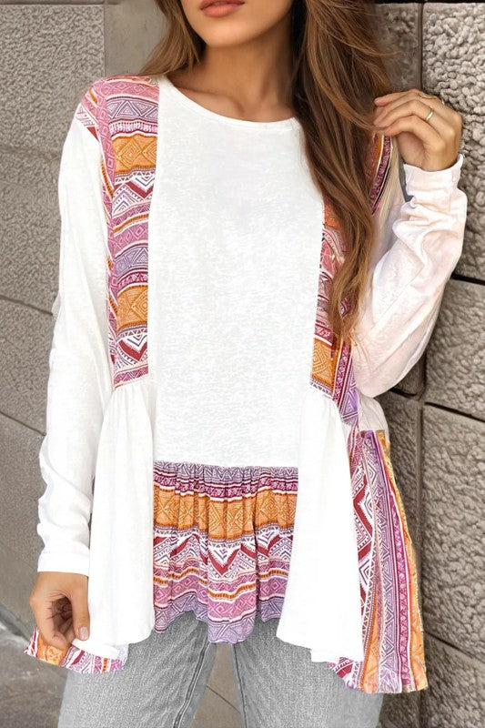 Patchwork Ruffled Tunic Long Sleeve Babydoll Top